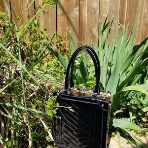 Black Patent Bag Rhinestone Studs Trim